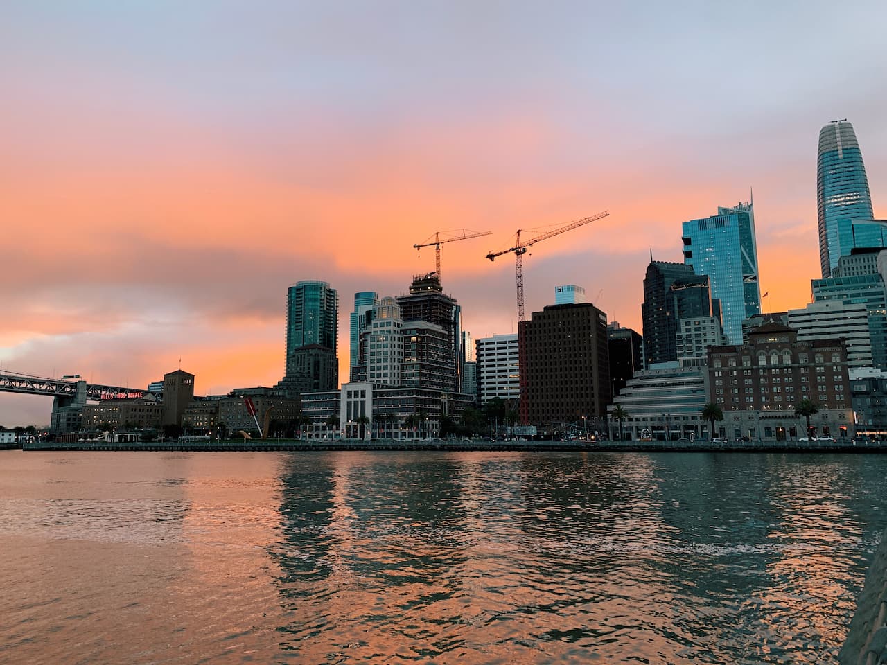 San Francisco at sunset, seen from the Embaracadero piers