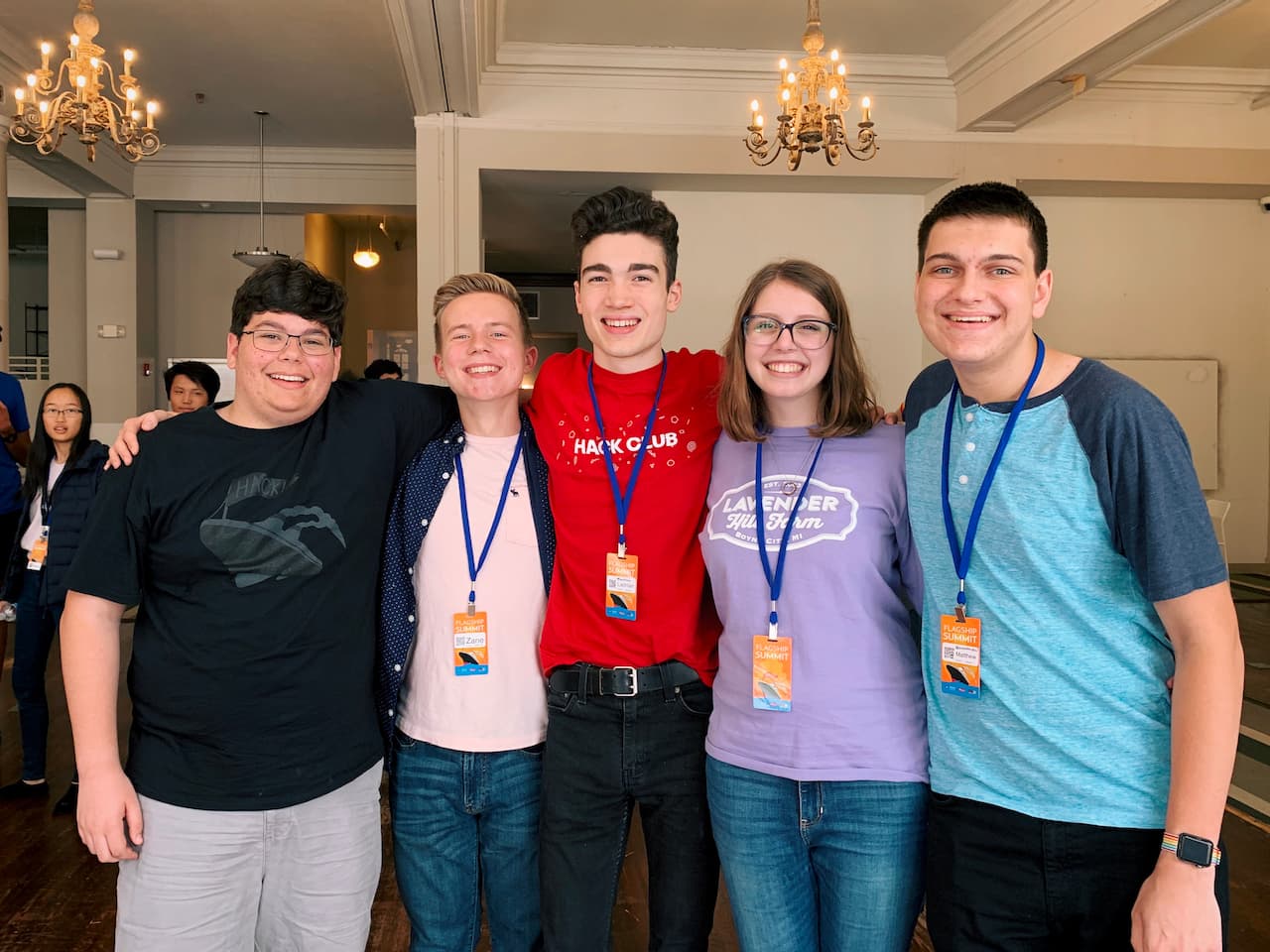 Posing with Hack Club friends—Theo, Zane, me, Ava, Matthew—at the end of Flagship